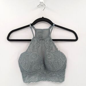 Victoria's Secret PINK Bralette Women’s S Gray Green Lace High Neck Padded